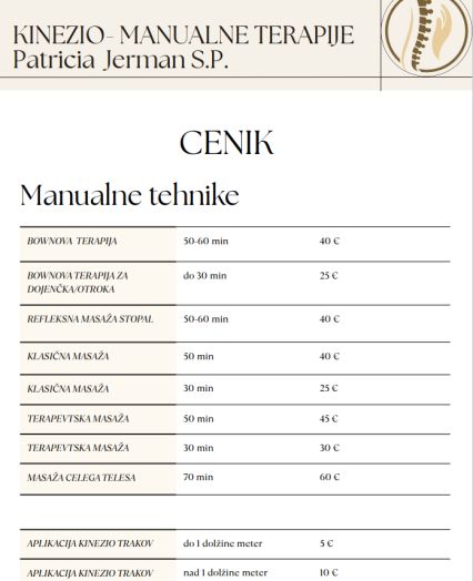 cenik za Kinezio-manualne terapije, Patricia Jerman s.p.