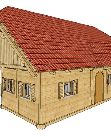 računalniški prikaz lesene hiše v različnih fazah izvedbe