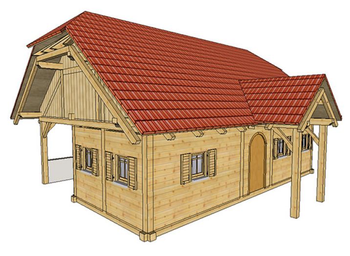 računalniški prikaz lesene hiše v različnih fazah izvedbe