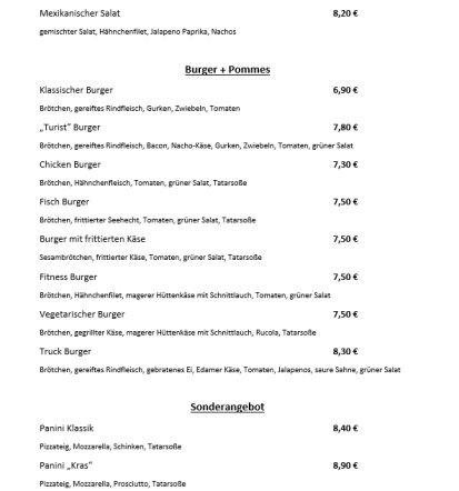 Speisenkarte Pr'Turist